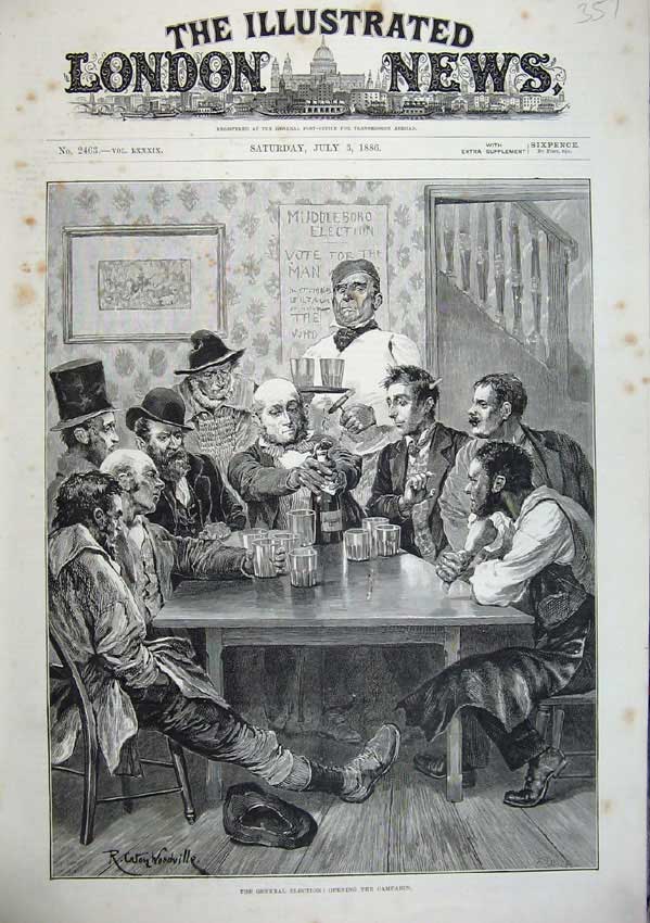 Original Old Antique Print 1886 Woodville Fine Art General Election Men Drinks