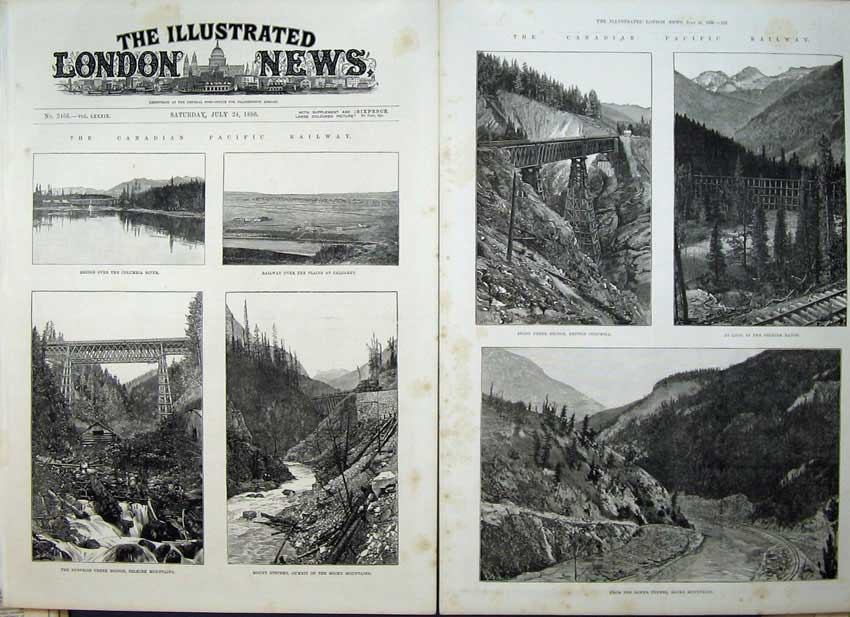 Old Antique Print 1886 Canadian Pacific Railway Rocky Mountains Bridge 19th