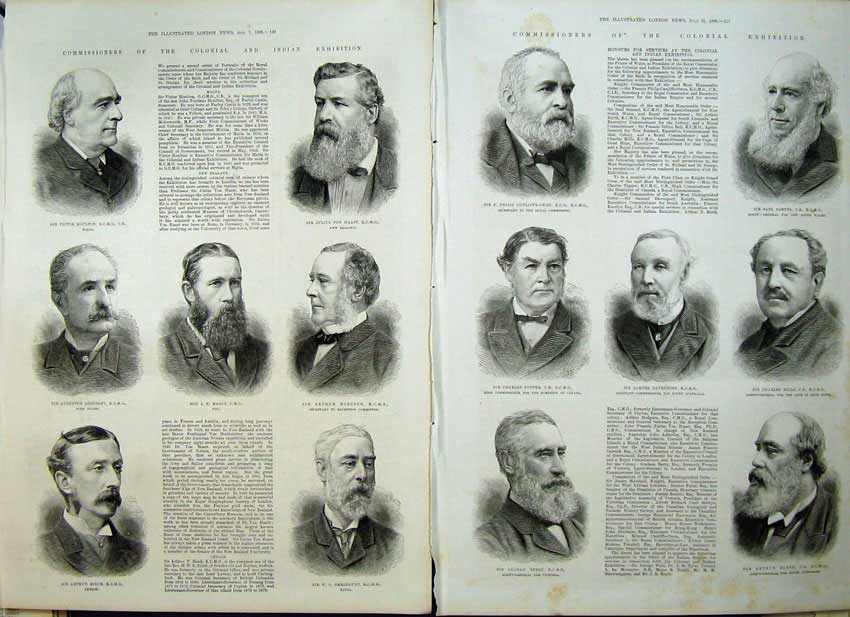 Antique Old Print 1886 Commissioners Colonial Indian Exhibition Men Mason 19th