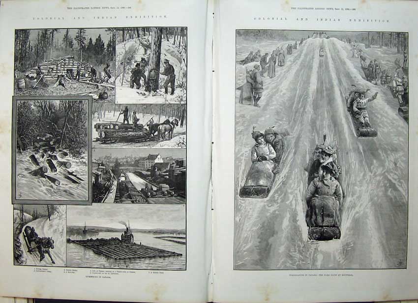 Old Antique Print 1886 Tobogganing Montreal Canada Snow Lumbering Wood 19th