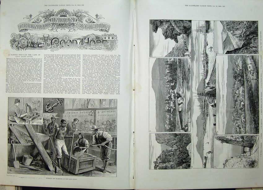 Old Antique Print 1886 Colonial Exhibition Washing Diamonds Cape Africa 19th