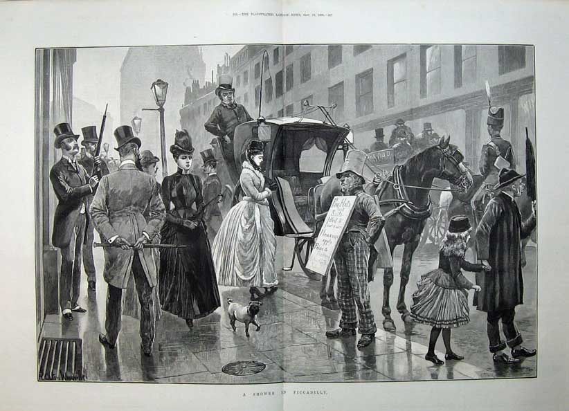 Old Antique Print 1886 Woodville Fine Art Raining Piccadilly Horse Coach 19th