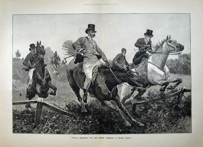 Old Antique Print Ref.866 1886 Woodville Hunting Sport Men Women Horses