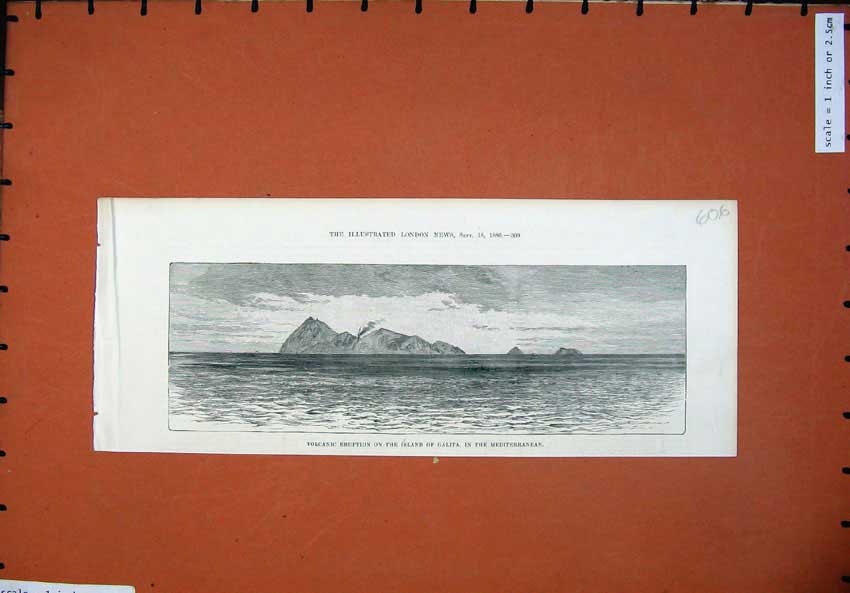 Old Antique Print 1886 Volcanic Eruption Island Galita Mediterranean Sea 19th