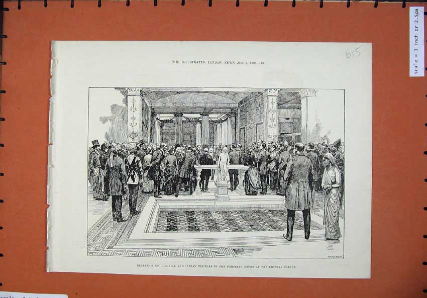 Old Antique Print 1886 Reception Colonial Indian Pompeian Court Crystal 19th