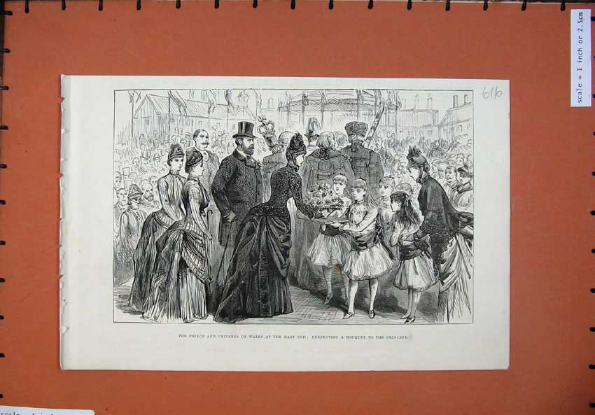 Original Old Antique Print 1886 Prince Princess Wales London Children Flowers