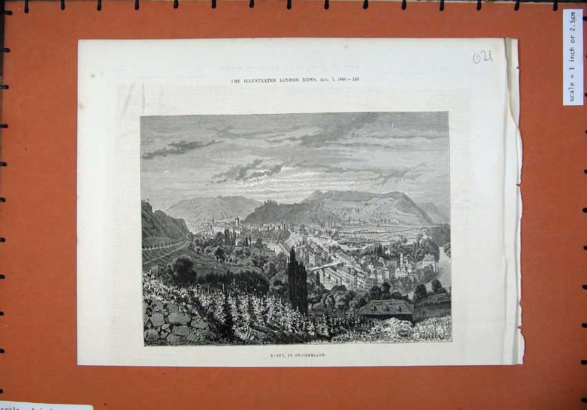 Original Old Antique Print 1886 View Baden Switzerland Mountains Buildings Art