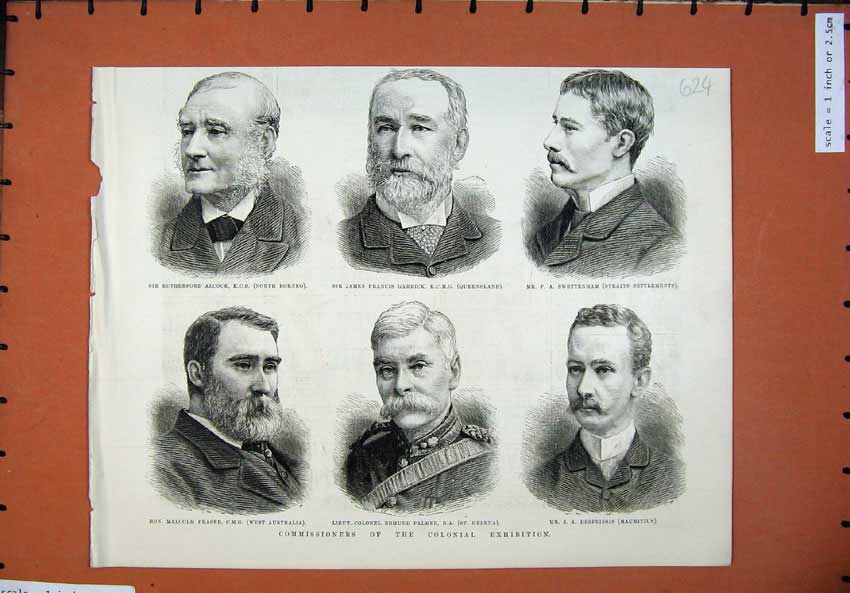 Original Old Antique Print 1886 Commissioners Colonial Exhibtion Alcock Garrick