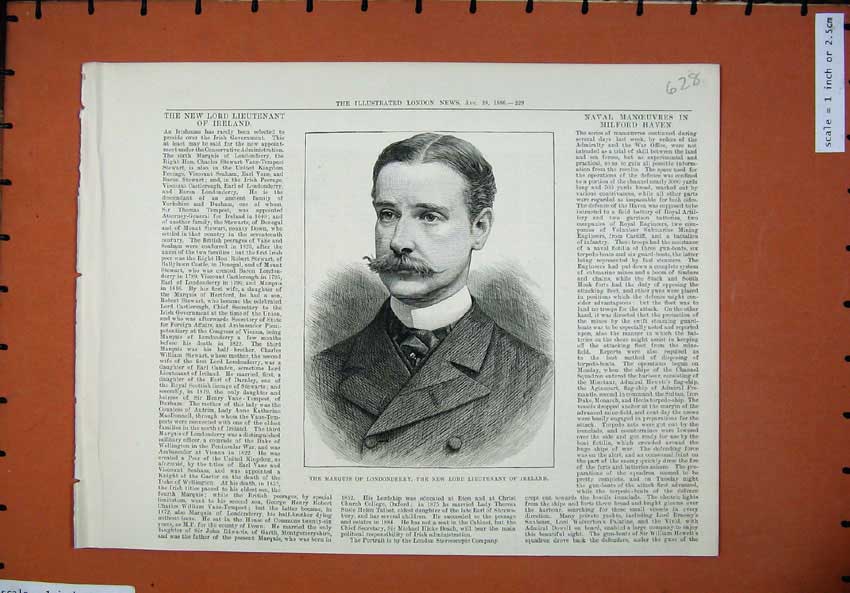 Original Old Antique Print 1886 Marquis Londonderry Lord Lieutenant Ireland Man