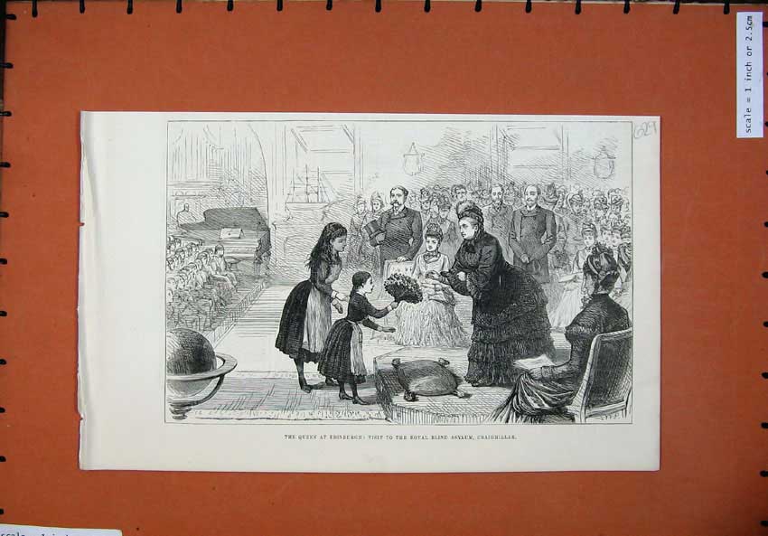 Original Old Antique Print 1886 Queen Edinburgh Royal Blind Asylum Craigmillar