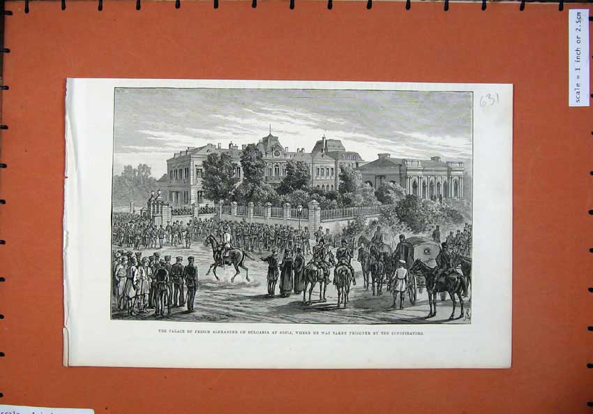 Original Old Antique Print 1886 Palace Prince Alexander Bulgaria Sofia War Army