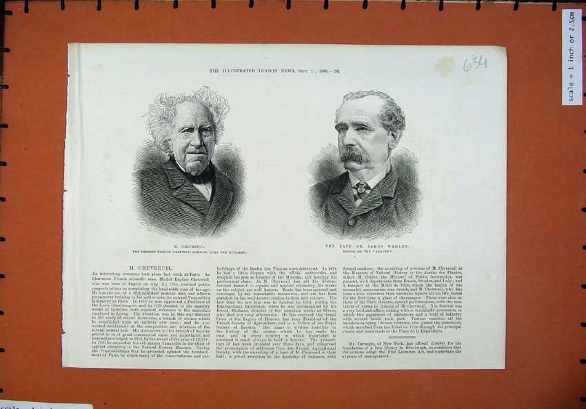 Old Antique Print 1886 Scientific Chemist Chevreuil James Wakley Editor 19th