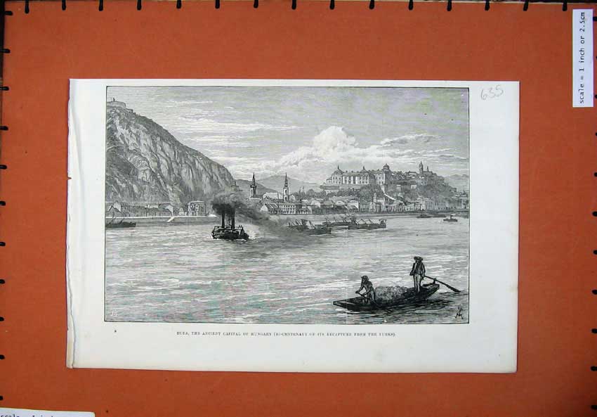 Old Antique Print 1886 Buda Ancient Capital Hungary Boats House Fine Art 19th