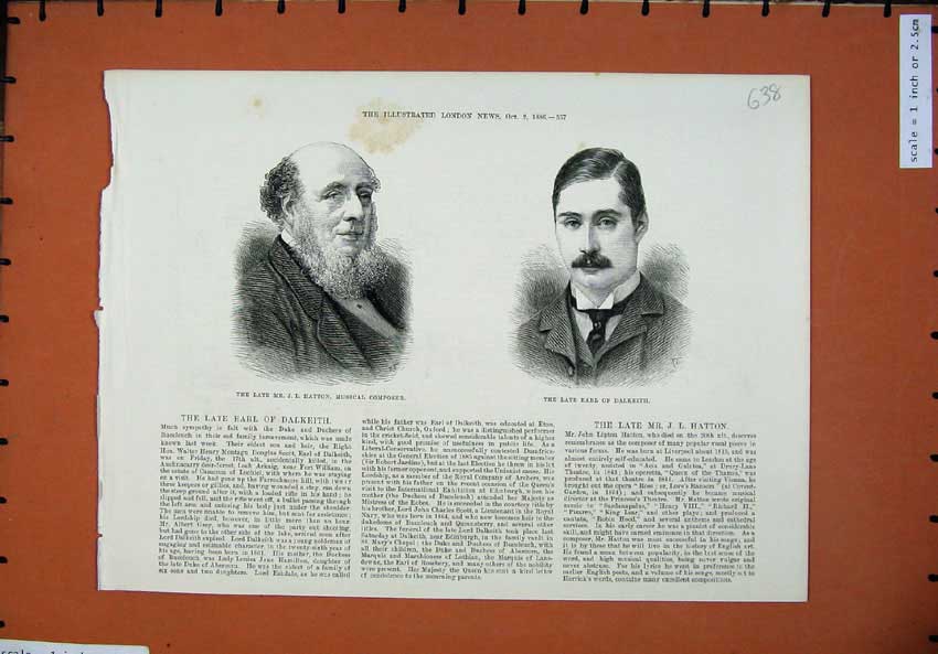 Old Antique Print 1886 Hatton Musical Composer Earl Dalkeith Men Portrait 19th