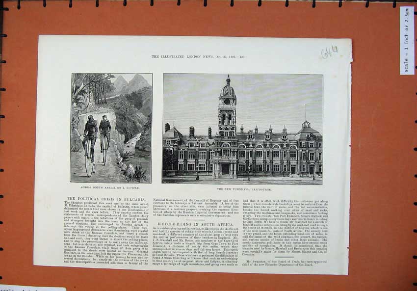 Old Antique Print 1886 Bicycle South Africa Townhall Eastbourne Building 19th