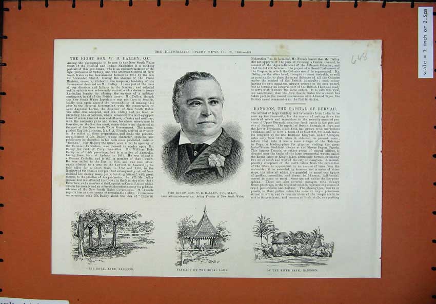 Old Antique Print 1886 Dalley Australia Man Rangoon Pavillion Royal Lake 19th