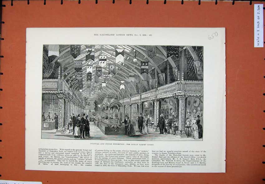 Old Antique Print 1886 Colonial Indian Exhibition Carpet Court Building 19th