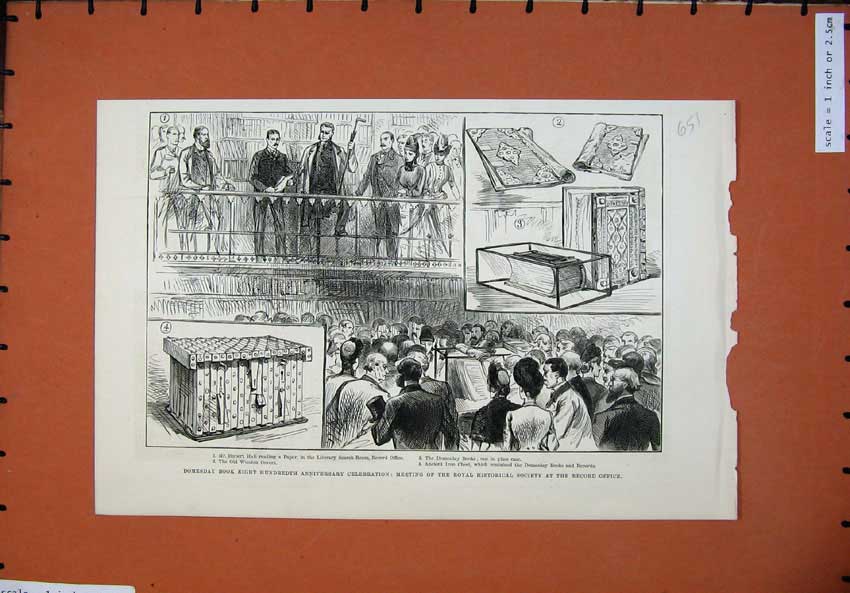 Original Old Antique Print 1886 Domesday Book Royal Historical Society Office