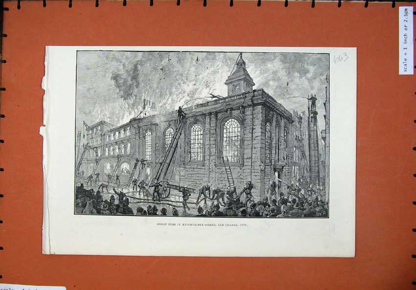 Old Antique Print 1886 Great Fire Knightrider Street Change City Building 19th
