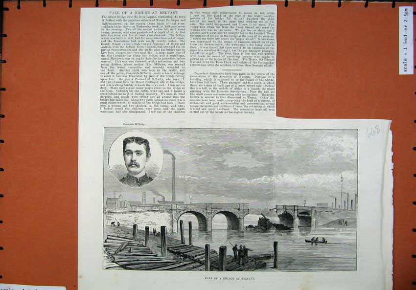 Old Antique Print 1886 Collapse Bridge Belfast Ireland Constable Mcnulty 19th