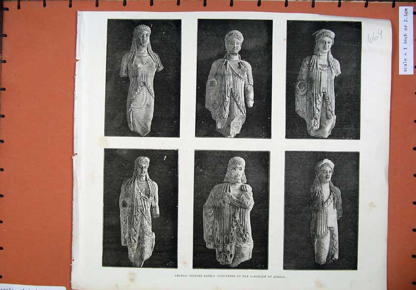 Original Old Antique Print 1886 Ancient Archaic Statues Acropolis Athens 19th