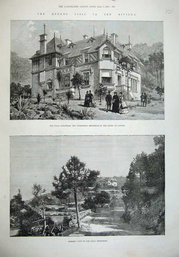 Original Old Antique Print 1887 Queen Villa Edelweiss Cannes France Riviera Art