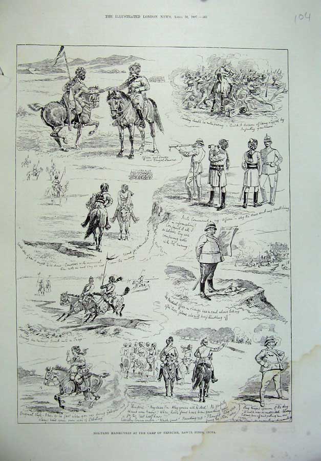 Old Antique Print 1887 Military Manoeuvre Camp Exercise Rawul Pindi India 19th