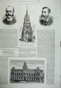 Old Antique Print 1887 Library Swansea Fountain Clock-Tower Yeo Hartland 19th