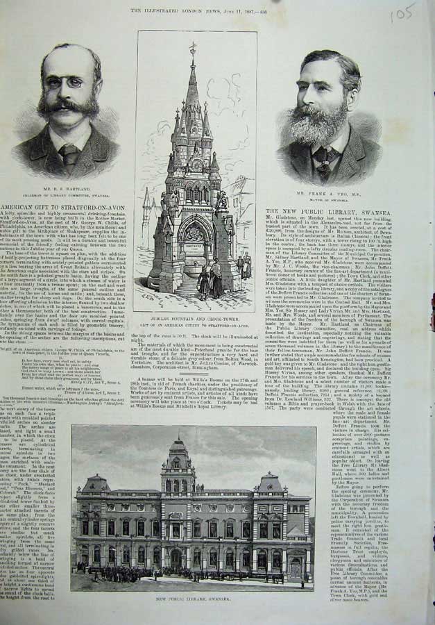 Old Antique Print 1887 Library Swansea Fountain Clock-Tower Yeo Hartland 19th