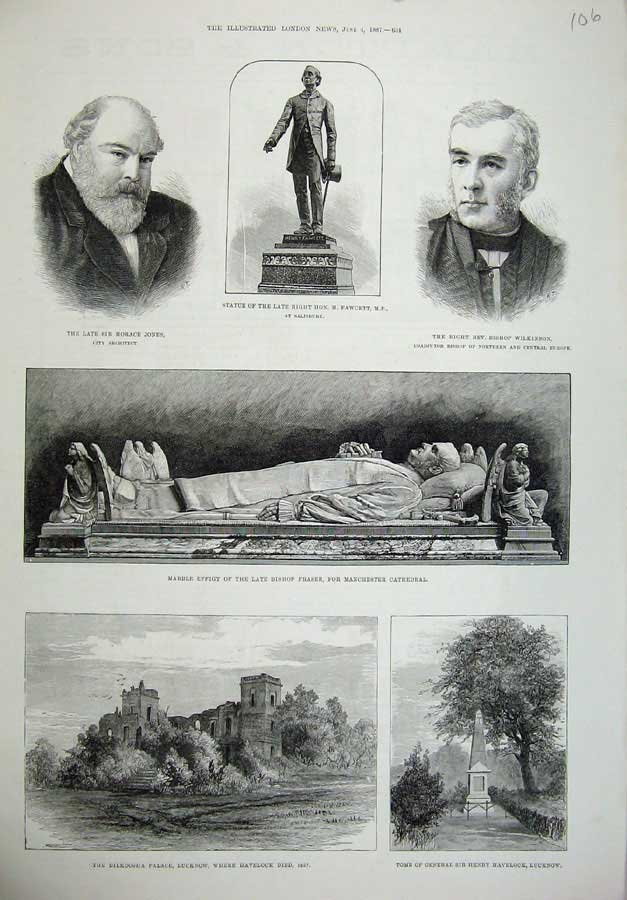 Old Antique Print 1887 Dilkoosha Palace Lucknow Havelock Fraser Jones Men 19th