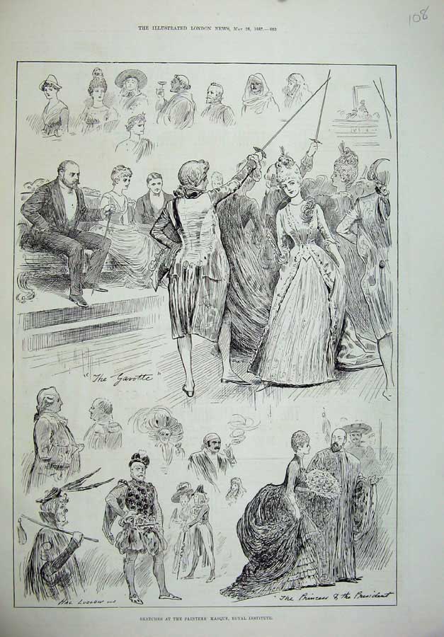 Original Old Antique Print 1887 Ludlow Sketches Painters Masque Royal Institute