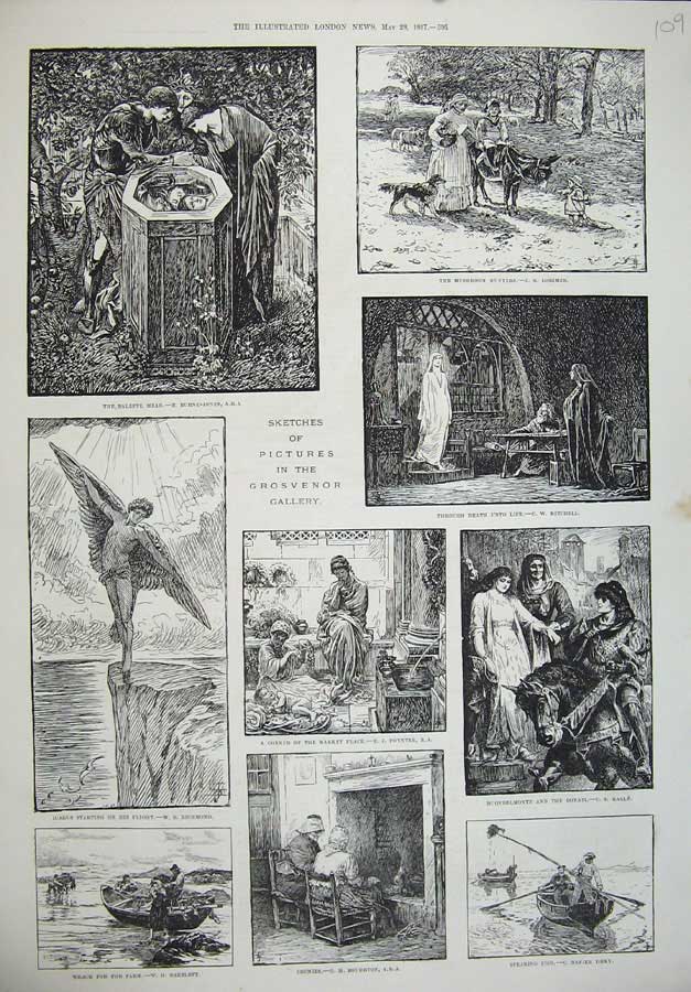 Old Antique Print 1887 Pictures Grosvenor Gallery Fish Market Boat Hunter 19th