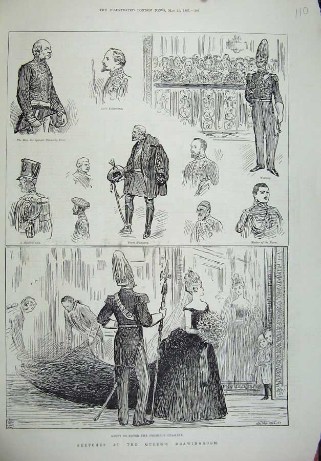 Original Old Antique Print 1887 Queen Drawingroom Presence Chamber Costumes