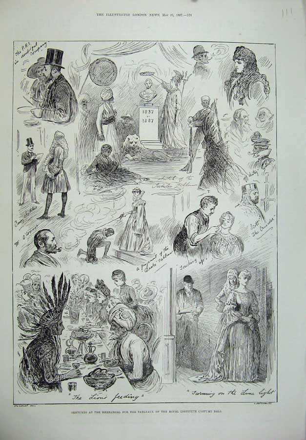 Old Antique Print 1887 Sketches Rehearsal Tableaux Institute Costume Ball 19th