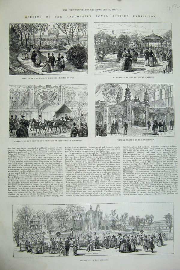 Original Old Antique Print 1887 Manchester Fountains Gardens Pottery Exhibition