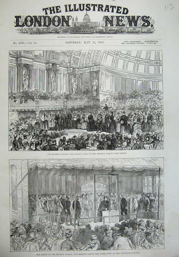 Old Antique Print 1887 Queen People'S Palace London Technical School Men 19th
