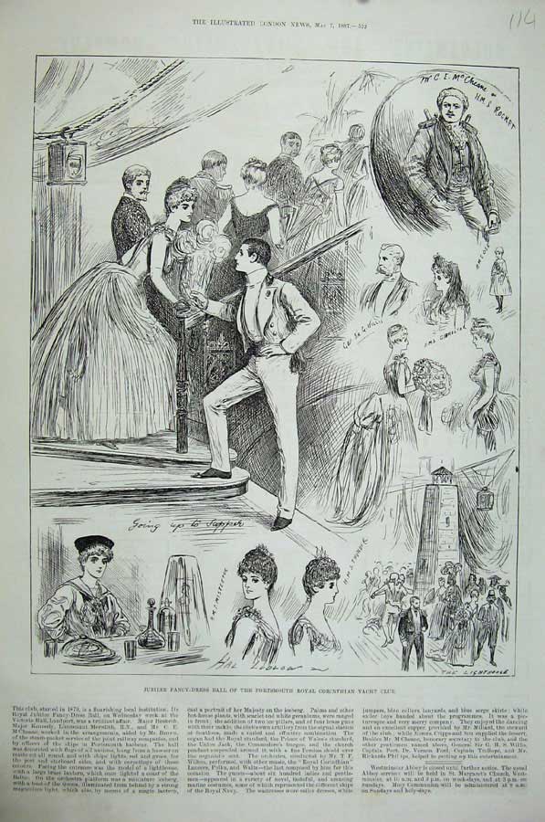 Original Old Antique Print 1887 Jubilee Fancy Dress Ball Portsmouth Yacht Club