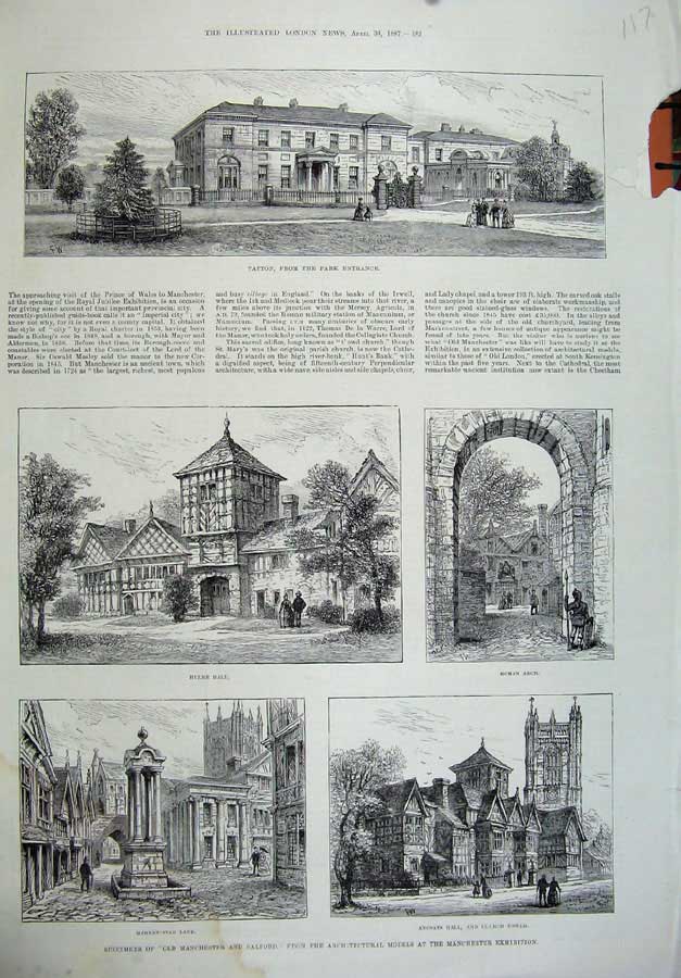 Original Old Antique Print 1887 Tatton Hulme Hall Roman Arch Manchester Ancoats