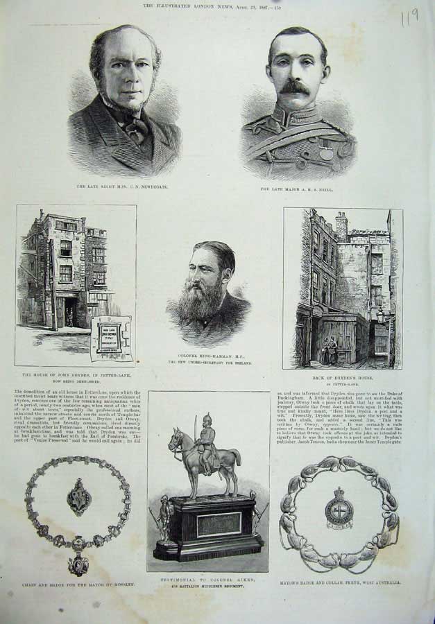 Original Old Antique Print 1887 Colonel Aiken King-Harmen John Dryden Newdegate