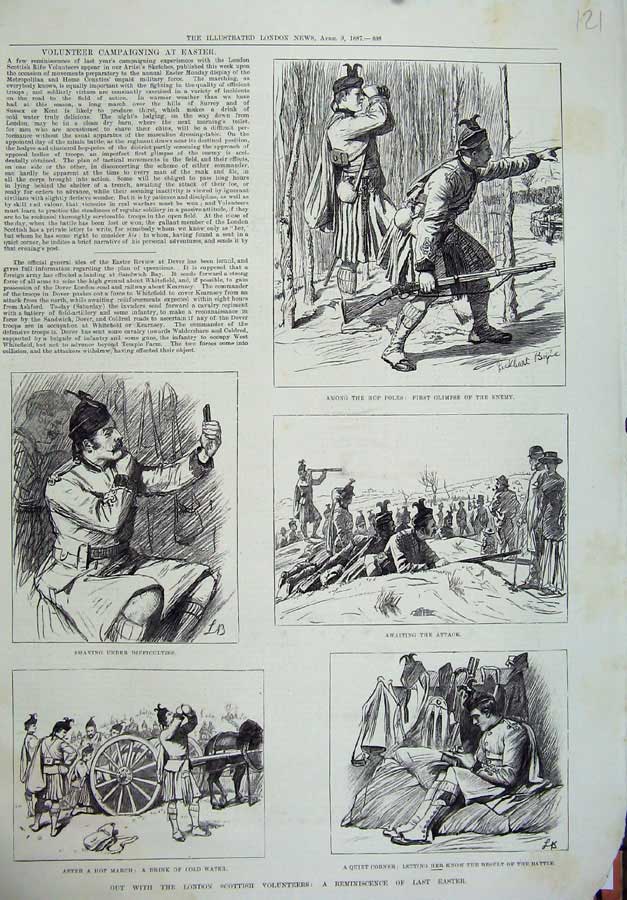 Old Antique Print 1887 London Scottish Volunteers Ta Army Men War Easter 19th