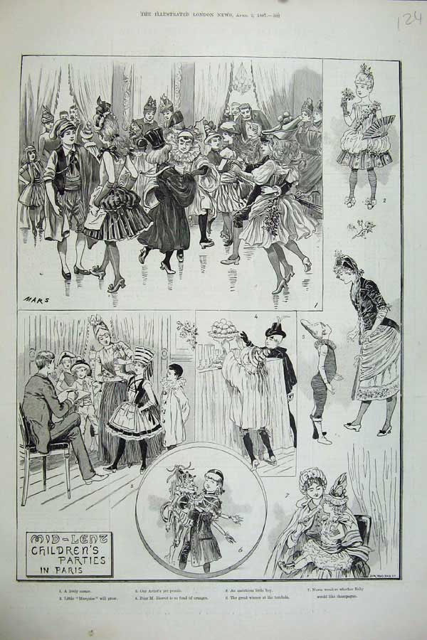 Original Old Antique Print 1887 Childrens Parties Paris France Costumes Dancing