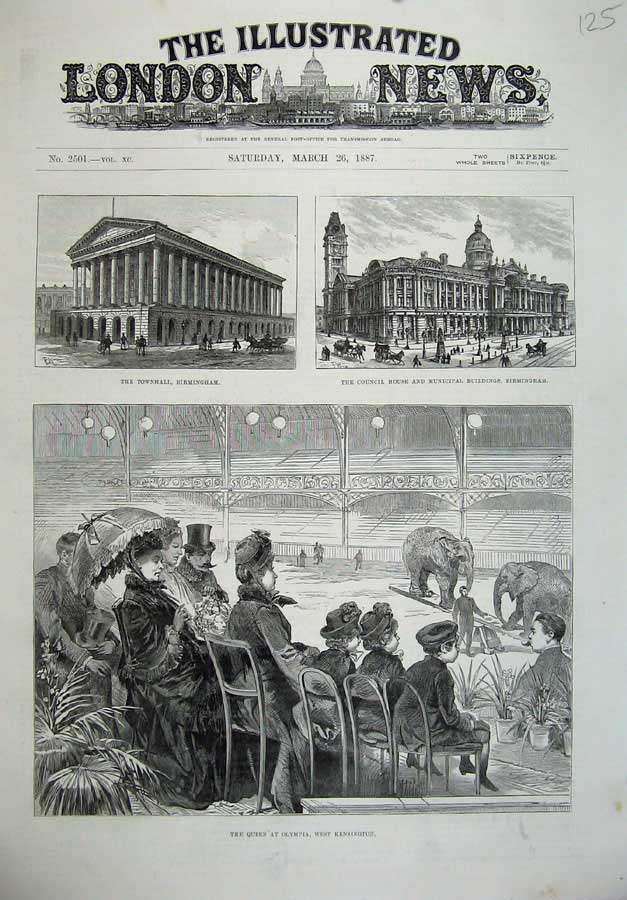 Original Old Antique Print 1887 Queen Olympia Kensington Townhall Birmingham