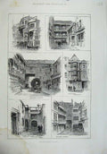 Original Old Antique Print 1887 Inns London Holborn Southwark Queenshead Pubs