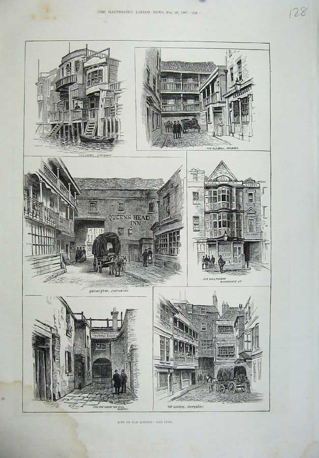 Original Old Antique Print 1887 Inns London Holborn Southwark Queenshead Pubs