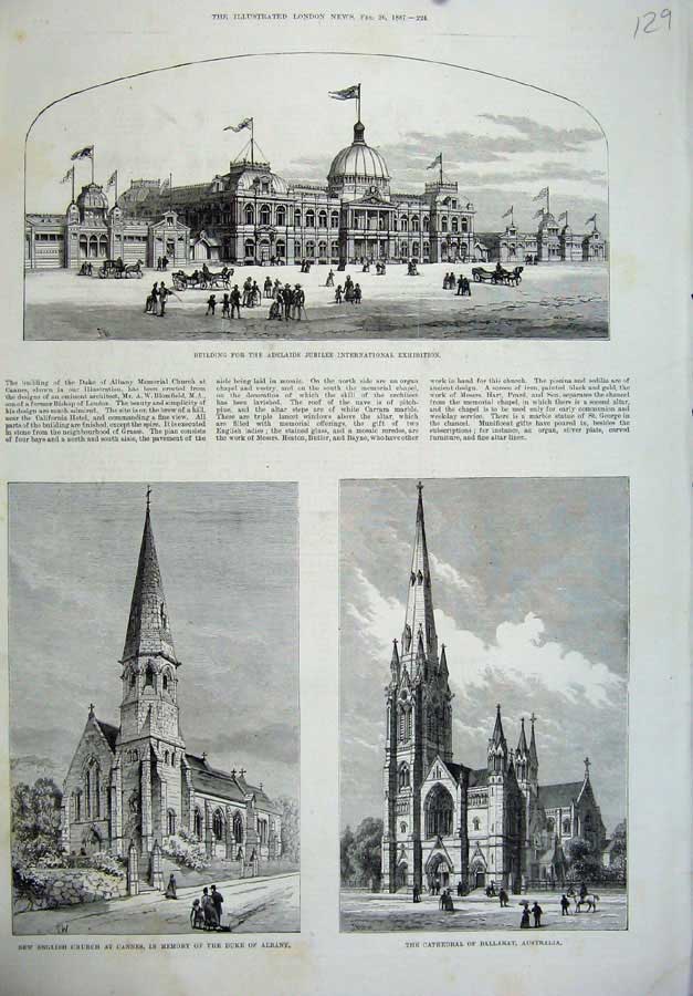 Old Antique Print 1887 Building Adelaide Jubilee Cathedral Church Albany 19th