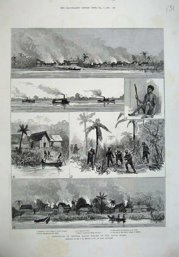 Original Old Antique Print 1887 British Naval Forces River Niger Patani Native