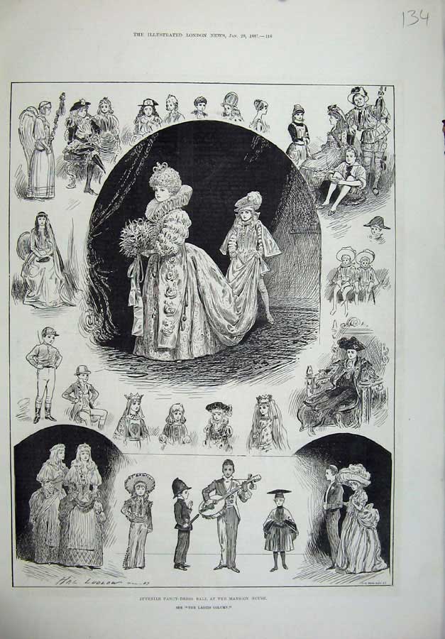 Old Antique Print 1887 Childrens Fancy Dress Ball Mansion House Costumes 19th