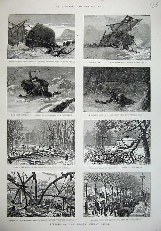 Original Old Antique Print 1887 Winter Storm Snow Ship Joutsen Sier Woolwich