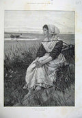 Old Antique Print 1887Lionel Smythe Fine Art Young Girl Waiting Boats Sea 19th