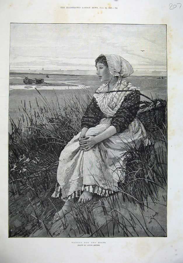 Old Antique Print 1887Lionel Smythe Fine Art Young Girl Waiting Boats Sea 19th